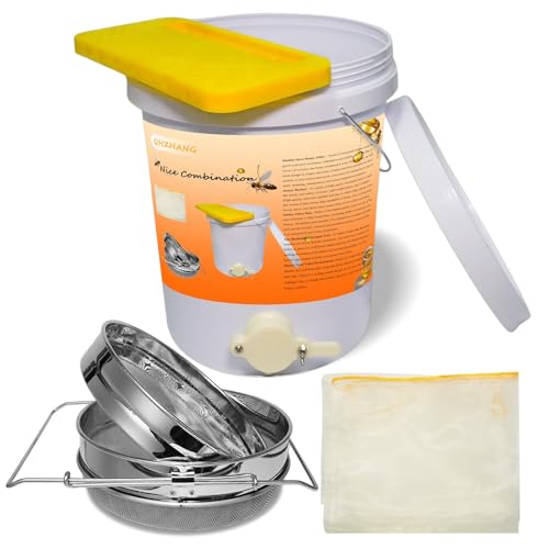 QHZHANG Honey Bucket 5 Gallon Beekeeping Supplies-Honey Gate & Stainless Steel Double Sieve Honey Strainer Honey Filter Bag Uncapping Tank Holder Honey Harvesting Equipment Beekeeping Kit(5 PCS/Set)