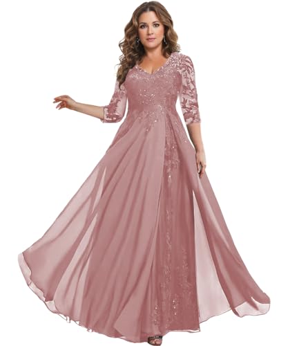 Image of HANVAIOS Sparkly Mother of The Bride Dresses for Women Long Chiffon 3 /4 Sleeve Lace Appliques Formal Gown