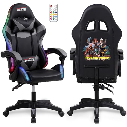 Amstrad AMS-900-LED-TOP1 - Fauteuil Gaming Noir et Gris - Serigraphie Try Hard for Top 1 - Eclairage LED 366 Effets Télécommande