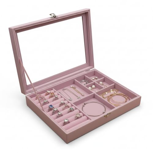 Estojo Porta Joias Organizador com Divisórias e Visor transparente - Acabamento Aveludado e Fecho Metálico – Para Brincos, Anéis, Pulseiras e Colares (Rose)