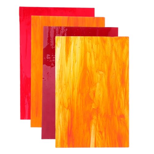 Operitacx 4 pièces Lot de Plaques Verre Vitrail Colorées pour Bricolage Créatif Mosaïque DIY Murales et Décoration Couleurs Assorties Rouge et Orange Transparente