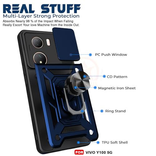 Image of Armor Bumper Back Cover Case for Vivo Y100 5G | Rotating Camera Cover, Ring Holder & Kickstand | Heavy Duty & 360 Degree Protection Vivo Y100 5G Back Cover (Blue)