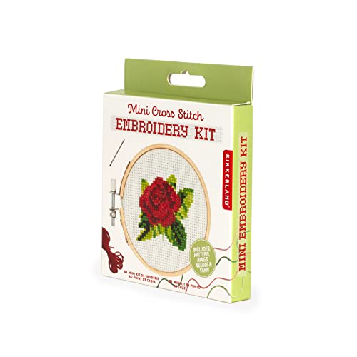 Image of Kikkerland DIY Mini Cross Stitch Rose Embroidery Craft Starter Kit Set, with Pattern Instructions, 3 inch Bamboo Hoop, Stress Relief, Adult Beginner Friendly