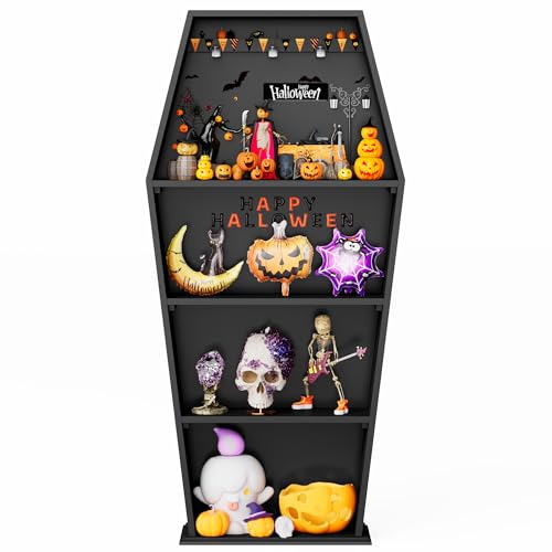 LUPWNEKA 48H Black Bookcase 4-Tier Solid Wood Goth Coffin Bookshelf Freestanding Slim Bookcase Display Bookshelf for Living Room Bedroom Home Furniture and Decor