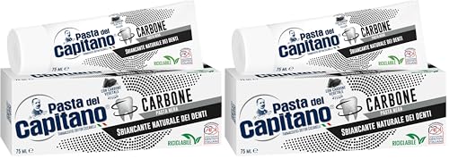 Pasta del Capitano, Dentífrico de Carbón Vegetal Activo Bio, Blanqueador Natural de Dientes en Pasta Negra, Efectivo contra las Sustancias que Manchan el Esmalte, 100% Made in Italy, Tubo de 75 ml