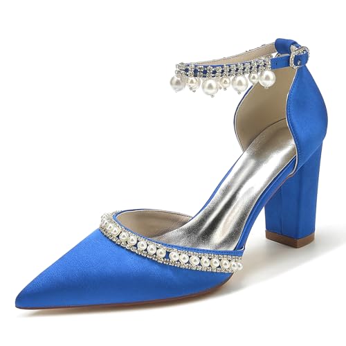 Chaussures de Mariage en Perles FGRID Talons Blocs Satin Bleu en Taille 41