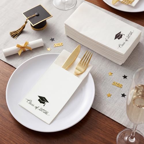 Ctosree 50 Pack Class of 2026 Graduation Disposable Napkins with Built in Flatware Pocket Black Foil Linen Prefolded Paper Napkins Dinner Hand Towel for Silverware Congrats Grad Party Table Supplies — view 5