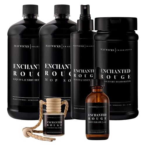 Mavwicks Fragrances - Lovers Bundle – 6-Piece Set | Enchanted Rouge | Laundry Detergent 32oz, Mop Soap 32oz, Linen & Room Spray 8oz, Diffuser Oil 2oz, Upholstery Deodorizer 16oz & Car Diffuser