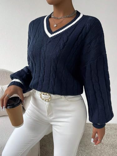 Image of ZAFUL Women's Cropped Sweater V-Neck Long Sleeve Pullover Jumper Knit Top | Crop Length, Ribbed Knit, Double V design, White sweater, Raglan sleeves, lantern sleeve, Fall & Winter, Loose fit, Oversized