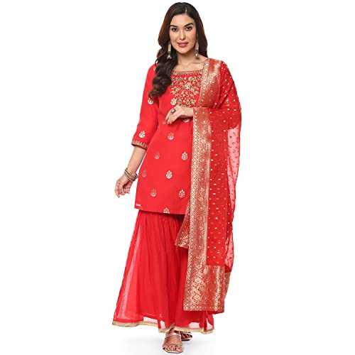 Image of BIBA Women Poly Cotton Straight Embroidered Suit Set