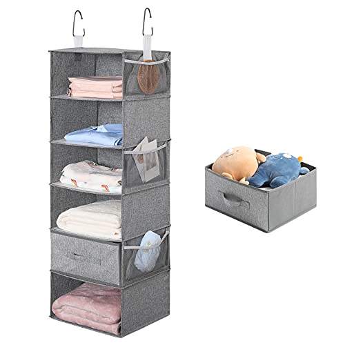 XULAN-6-Shelf-Hanging-Closet-Organizer-Hanging-Storage-with-1-Drawer-and-3-Side-Pockets-Hanging-Closet-Shelves-for-Organization-and-Storage-137-W-x-118-D-x-417-H-Canvas-Gray