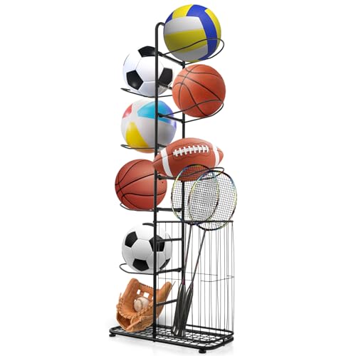 LIFEZEAL Porta palle a 7 Livelli, Scaffale Portapalle in Metallo, Porta Pallacanestro con Cestino, Supporto Attrezzature Sportive con Piedini Regolabili da Garage, Casa, Palestra, Nero