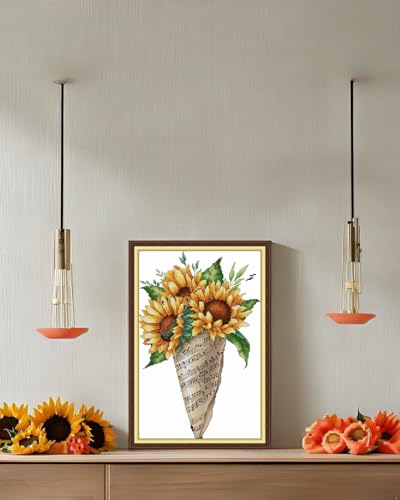 Image of CaptainCrafts Cross Stitch Kits for Adults Stamped Sunflower Needlework | Printed 11CT Fabrics, Note Bouquet Sunflower Flower cross stitch, DIY Hand-Embroidery: Cross-Stitch, Gifts