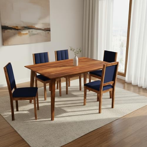 Image of Sheesham Wood Dining Table 6 Seater | Wooden Six Seater Dinning Table with Blue Cushion Chairs | Dinner Table 6 Seater | Dining Room Sets | Natural Finish