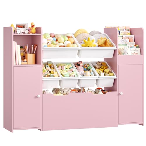 Image of FOREHILL Kids Toy Storage Unit Kids Bookcase 3-tier Childrens Bookshelf Toy Organiser, 6 Detachable Toy Boxes, 1 Large Drawer with Wheels, 2 Doors for Nursery Playroom Pink 138 x 30 x 94 cm