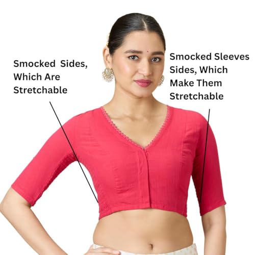 Image of Studio Shringaar Women's Handloom Cotton Side Stretchable (Smocked) Readymade Saree Blouse with Crochet Neckline