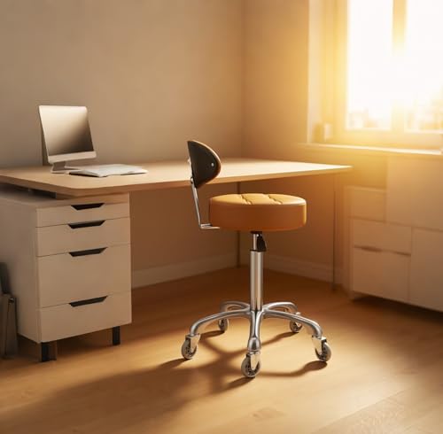 Image of Kaleurrier Rolling Stool with Back Support: Adjustable Height 22-30 inches for Nail Lash Tech Stylist - Heavy Duty Stool Chair with Wheels for Salon Shop Office Kitchen Garage