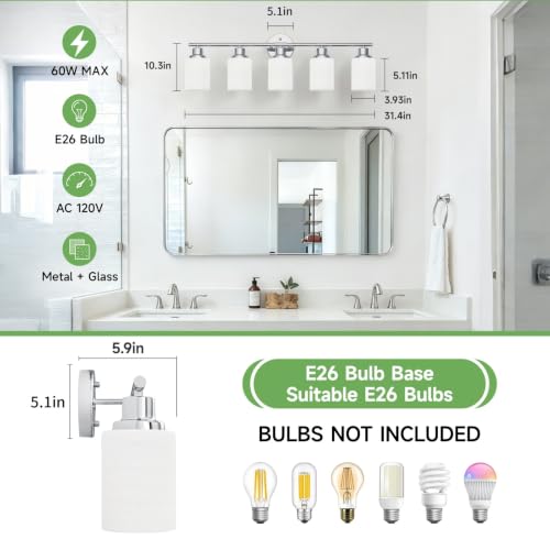 Image of 5-Light Chrome Vanity Lights for Mirror, Bathroom Light Fixtures with Textured Milky White Glass Shade, Modern Kitchen Light Fixtures Wall Sconce Light