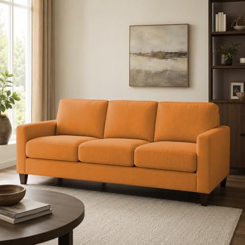 Image of Casaliving Gladino Modern Velvet Fabric Sofa, Tufted Design Upholstered 3 Seater Sofa Set for Living Room, Premium Velvet Fabric Sofa (Orange)