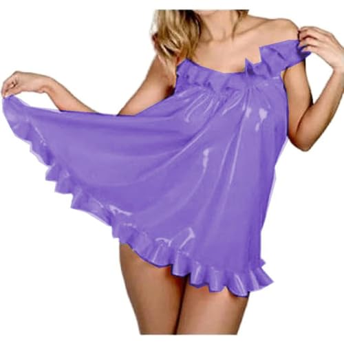 Glossy PVC Women Ruffles Boat Neck Loose A-line Sleeveless Vestidos Short Dress Party Clubwear S-7XL3