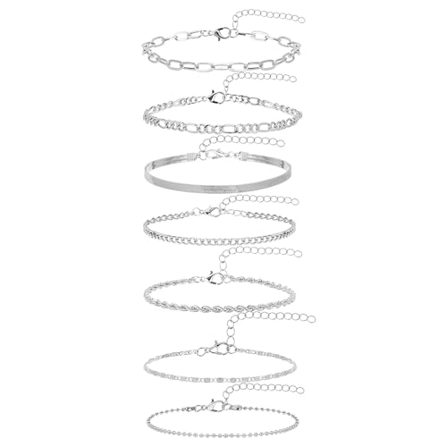 Image of Silver Ankle Bracelets for Women 8 inch+2 inch Adjustable Anklets Waterproof 925 Sterling Silver Cute Permanent Jewelry Sets Fashion Beach Accessories non Tarnish for Women Summer Stuff (7pcs)