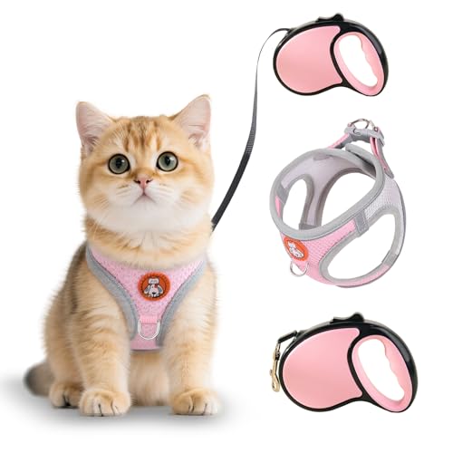 Shyllin Pettorina Gatto con Guinzaglio per Gatti Allungabile, Pettorina Gatto Antifuga, Regolabile Imbracatura Gatti in Maglia Traspirante con Rivestimento Riflettente per G atto Passeggiate (Rosa, S)