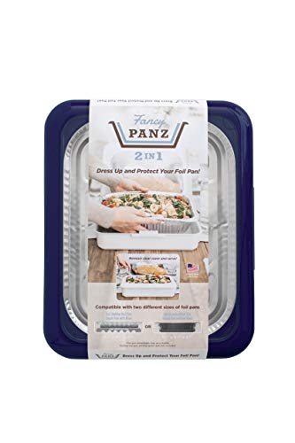 Fancy Panz 2-in-1 Dress Up & Protect Your Foil Pan, Made in USA, Fits 2 size of foil pans. Foil Pan & Serving Spoon Included. Hot or Cold Food. Stackable for easy travel. BPA free (Navy)