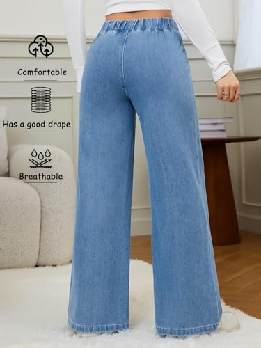 Image of ADBUCKS Women's Stretch Denim Wide Leg Jeans Comfort Fit with Elastic Waistband, Straight Cut, Casual Style for All Seasons, Versatile Clothing