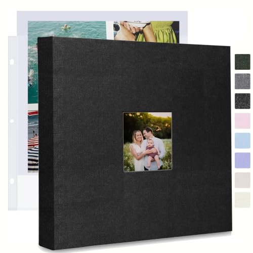 Álbum de fotos J.west de 12 x 12 pulgadas, con cubierta de lino y anillas de tres anillos, incluye 35 fundas plásticas y 70 páginas en blanco para scrapbook, álbum de recuerdos DIY para viajes, bodas, aniversarios y familia, color negro miniatura 1