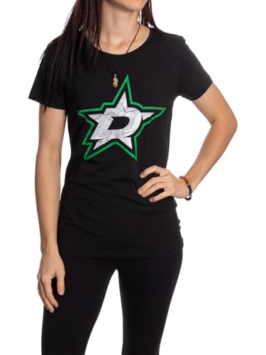 Calhoun NHL Surf & Skate Womens Distressed Print Fitted Crew Neck Premium T-Shirt (Dallas Stars Large)