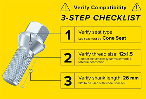 20Pcs Silver 12X1.5 Lug Bolts (26Mm Shank Length, Cone Seat) Oem Length - Compatible With Bmw 128I 135I 318I 320I 325I 328I 335I M3 525I 528I 530I 535I M5 Z3 Z4 E36 E46 E60 E90 E92 E93 #TOP1