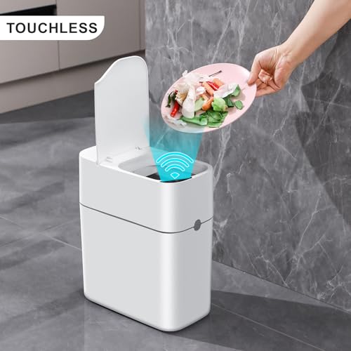 Image of MOPUP Bathroom Trash Can, Automatic Bagging Garbage Can, 3.5 Gallon Slim Smart Small Plastic Trash Bin, Narrow Motion Sensor Trash Can for Bedroom, Office White