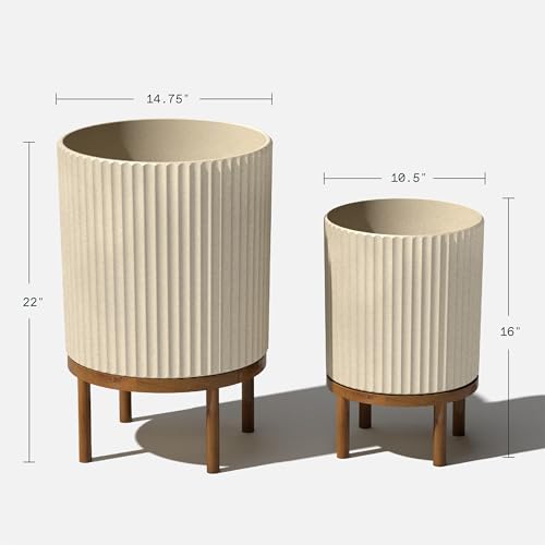 Image of Veradek Demi Series Raised Duo Planters - Set of 2 Planters with Stands | Made From a Durable Plastic-Stone Composite & Comes With Wooden Stand. Modern Porch /Patio Decor