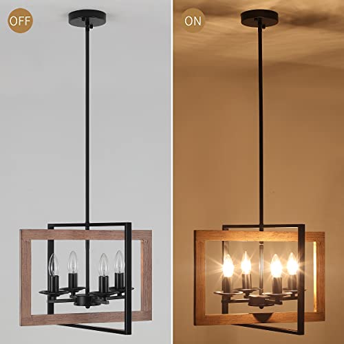 17.7” Farmhosue Chandelier For Dinning Room，Rustic Chandelier Dining Room Light Fixutres Over Table, 4 Lights Wood Chandelier With Adjustable Height,Vintage Chandelier For Kitchen Island (Real Wood) #TOP5