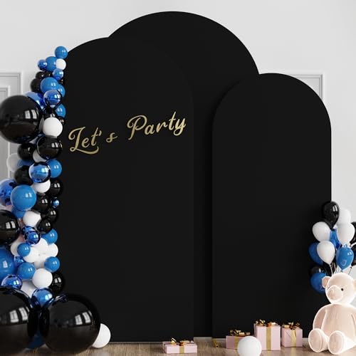 Image of Wokceer Wedding Arch Cover (7.2FT, 6.6FT, 6FT) Set of 3 Spandex Fitted Wedding Arch Stand Covers Round Top Chiara Arch Backdrop Stands Cover for Birthday Party Wedding Ceremony Decor Black