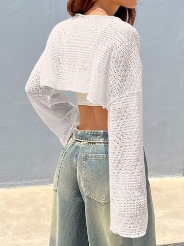 Women Sexy Long Sleeve Crochet Knit Crop Shrugs Casual Crew Neck Drop Shoulder Hollow Knitted Crop Bolero Top2