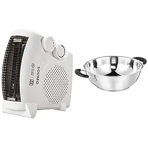 Amazon Brand - Solimo 2000-Watt Room Heater (ISI Certified, White Colour, Ideal for Small to Medium r & Stainless Steel Induction Bottom Kadhai (25cm, 3000ml) Combo