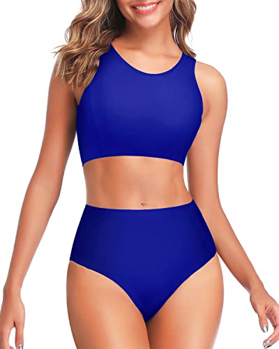 Tempt Me Women Royal Blue High Waisted Bikini Two Piece Swimsuits Sporty High Neck Racerback Bathing Suit XS