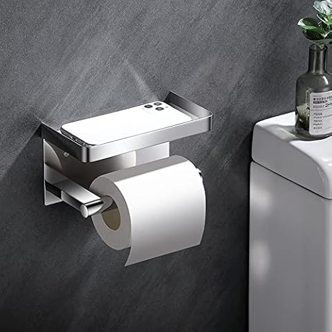 Celbon Toilet Roll Holder With Shelf Toilet Roll Holder with Screws Self Adhesive Stainless Steel Toilet Roll Paper Holder Bathroom Kitchen Roll Holder Stand with Spacicous Shelf (Chrome) Cover