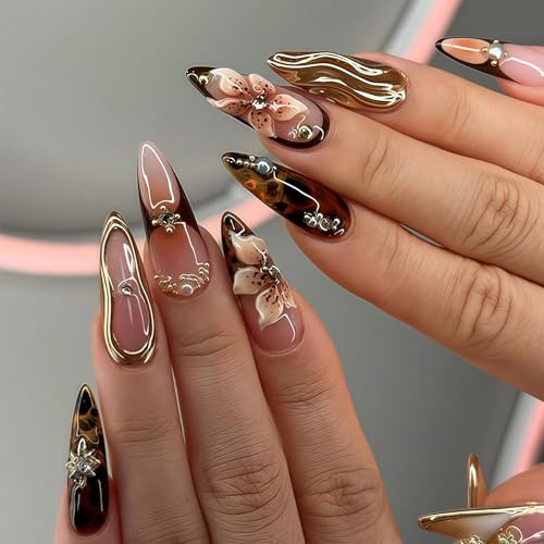 Cosmeria 24 Pezzi Unghie Finte con Fiori 3D, Unghie Artificiali a Mandorla con Motivo Floreale, Acrilico Riutilizzabile per Manicure, Facile Applicazione