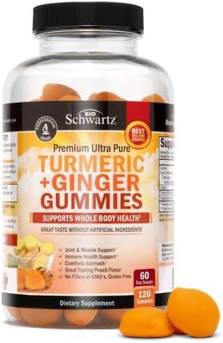 Turmeric Curcumin Ginger Gummies - 120 Count (60 Day Supply) - Natural Joint Support - Vegan Turmeric Gummy Supplement for Ultra High Absorption - Non-GMO - Made in The USA - Delicious Peach Flavor
