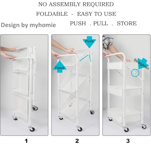 MY HOMIE 3-Tier Foldable Beauty Trolley Cart on Wheels - Heavy Duty Metal Storage Organizer for Salon, Kitchen, Bathroom, Hairdressing, Lash Extensions, Crafts & Home - Wheels, Rust-Proof-Black