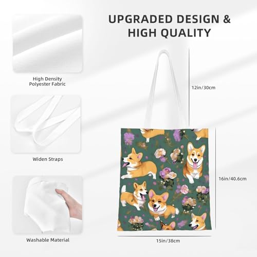 Corgi Floral Flowers Print Polyester Canvas Tote Bag, Shopping Bag With Reinforced Handles, Reusable4