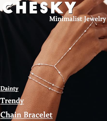 CHESKY Silver Hand Chain Bracelets for Women Set - Dainty Silver Finger Ring Bracelet Stack Adjustable Hand Chains Durable Beaded Bracelets Trendy Simple Body Jewelry Gift for Women4