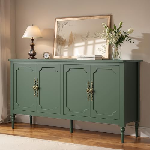 Image of FansaFurn Wood Buffet Sideboard and Media Credenza, Mid Century Modern Console Table with 4 Doors, Pantry Cabinet Accent Storage for Entryway, Living Room, Bedroom, Dining Room, Green1