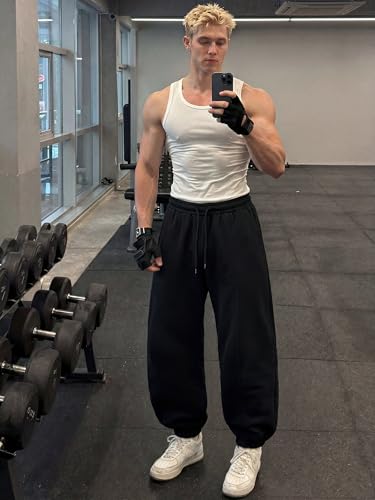 Image of Mens Baggy Sweatpants Wide Leg Casual Elastic Waist Drawstring Athletic Loose Jogger Fall Sweat Pants with Pockets