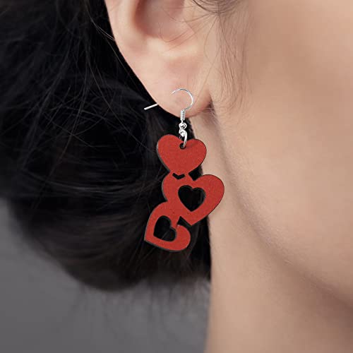 Boucles d'oreilles en bois double face avec cœurs rouges pour filles - 2