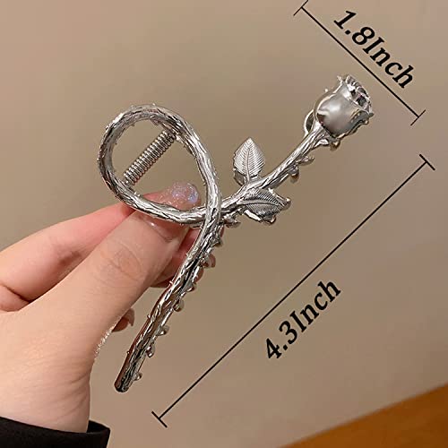 Flower Hair Claw Clips, 1Pcs Silver Metal Rose Design Large Size, Elegant And Noble, Strong Hold For Women With Thick Or Thin Hair, Stylish Must-Have Hair Accessory 1Pcs (Silver Rose) #TOP4