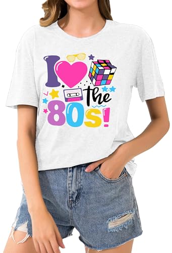 T-Shirt des années 80 Style Shirt 1980 Vintage Eighties Tee rétro pour Femme des années 80 (Blanc,XL)