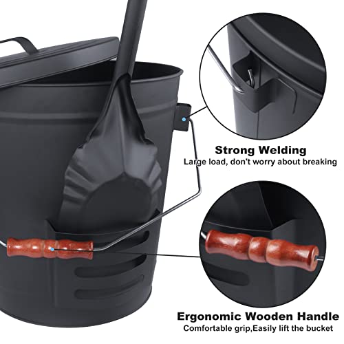 Ash Bucket With Lid And Shovel Hand Broom, 5.15 Gallon Large Galvanized Iron Metal Fireplace Tools Ash Pail For Fire Places Fire Pits Wood Burning Stoves Hearth Accessories Indoor Outdoor, Black #TOP3